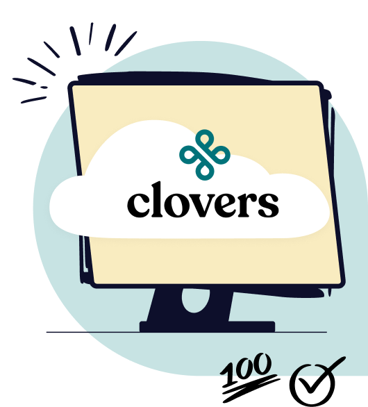 a monitor on a teal background showcasing the clovers logo on the screen