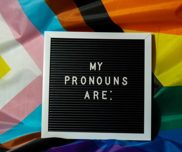 Pride flag and sign that says "my pronouns are"